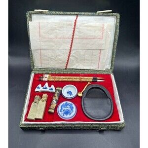 Traditional Chinese Caligraphy Set 8 x 2 x 5 Vintage 1960s Green Box Red Inside